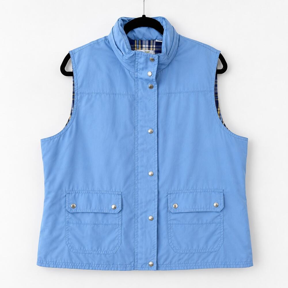 Liz Golf Vest XL Periwinkle Blue Hidden Hood Plaid Lined Snap Zip Golf Vest